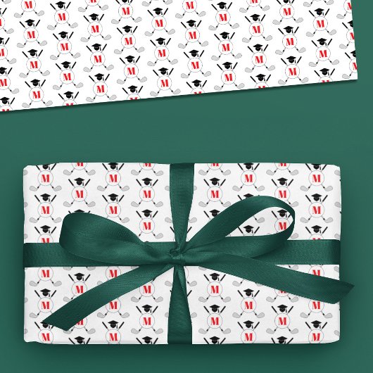 Rotes Golf-Themen-Abschluss-Monogramm-Muster Geschenkpapier