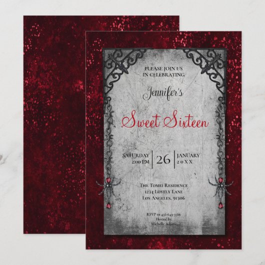 Rotes Gothic Sweet 16 Einladung (Vorne/Hinten)