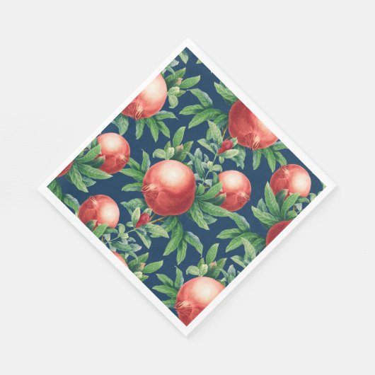 Rotes Granatapfelfrucht und grüne Blätter Serviette (Ecke)