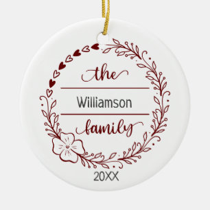Rotes graues Monogramm Familienname Blumenkranz  Keramik Ornament