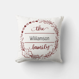 Rotes graues Monogramm Familienname Blumenkranz  Kissen