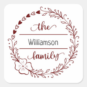 Rotes graues Monogramm Familienname Blumenkranz Quadratischer Aufkleber