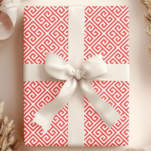 Rotes Griechisches Schlüssel-Labyrinth Geschenkpapier