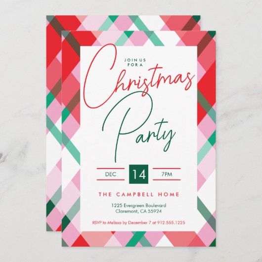 Rotes Grün Rosa Kariertes Weihnachtsfest Party Einladung (Vorne/Hinten)
