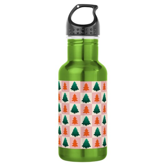 Rotes grünes Aquarell Frohe Weihnachtsbaummuster Edelstahlflasche (Vorderseite)