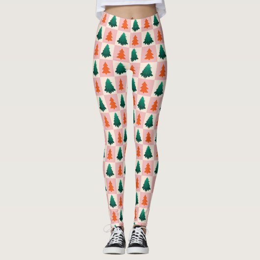 Rotes grünes Aquarell Frohe Weihnachtsbaummuster Leggings (Vorderseite)