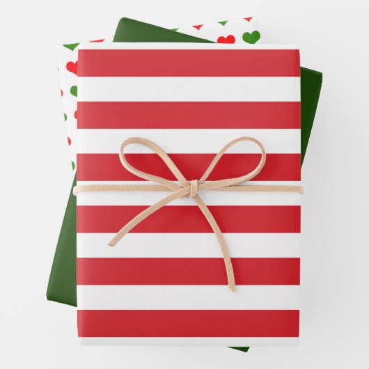 Rotes grünes Herz gestreift Geschenkpapier Set (Beispiel)