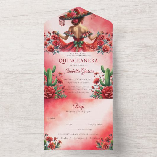 Rotes grünes mexikanisches uAwg im Quinceañera-Sti All In One Einladung (Innen Boden)