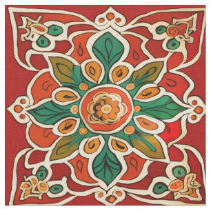Rotes Grünes Orangengelbes Azulejos Blumenmuster Stoff