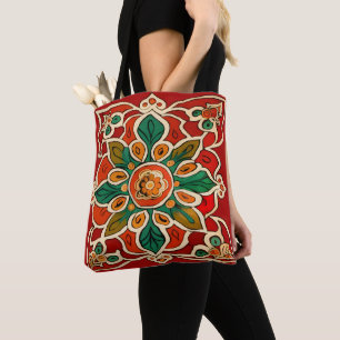 Rotes Grünes Orangengelbes Azulejos Blumenmuster Tasche
