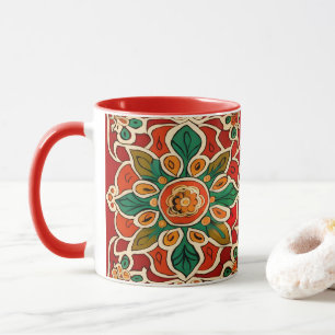 Rotes Grünes Orangengelbes Azulejos Blumenmuster Tasse