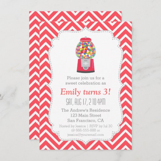 Rotes Gumball Einladung (Vorne/Hinten)