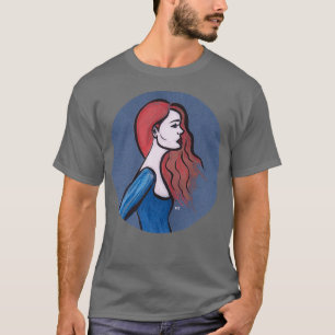 Rotes Haar auf blau T-Shirt