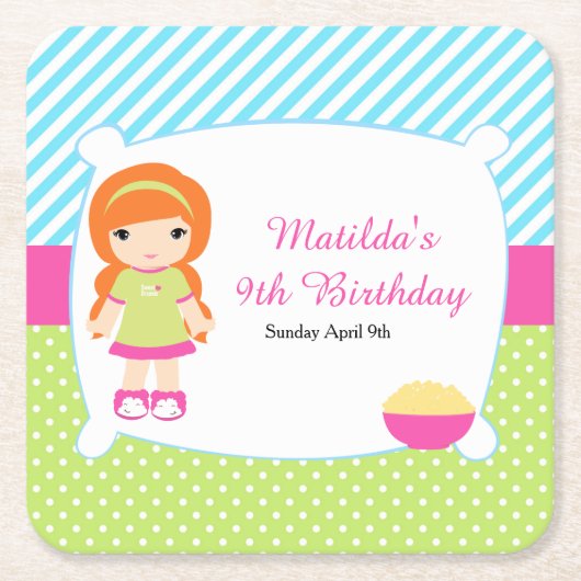 Rotes Haar Girl Sleepover Slumber Party Rechteckiger Pappuntersetzer (Vorderseite)