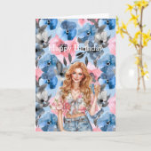 Rotes Haar Mädchen Eiscreme Blaues Florales Geburt Karte (Gelbe Blume)