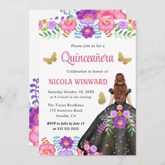 Rotes Haar Prinzessin Mexikanisches Blumenkleid Qu Einladung (Vorne/Hinten)