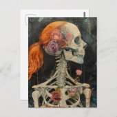 Rotes Haarskelett mit Blume Postkarte (Vorne/Hinten)