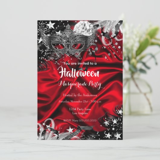 Rotes Halloween Magisches Nachtmasquerade-Party Einladung (Stehend Vorderseite)