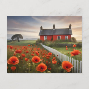 Rotes Haus auf Wiese mit Zaun Postkarte