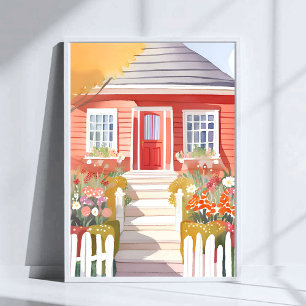 Rotes Haus Hübsche Aquarellmalerei Poster