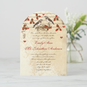 Rotes Herbstblatt Vintage Liebesvögel Hochzeit Einladung