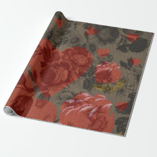 Rotes Herz auf schöne Vintage Blumen Geschenkpapier