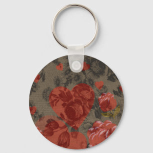 Rotes Herz auf schöne Vintage Blumen Schlüsselanhänger