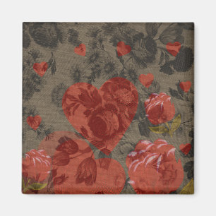 Rotes Herz auf schönem vintage Blumenmuster Magnet