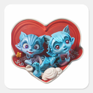 Rotes Herz-Aufkleber mit zwei blauen Katzen - Die Quadratischer Aufkleber