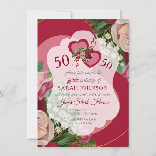 Rotes Herz-Blumen00. Geburtstag Einladung (Vorderseite)