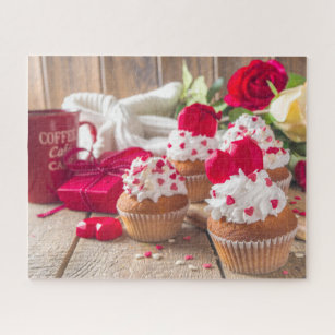 Rotes Herz Cupcakes Rose Kaffee Valentinstag Puzzle