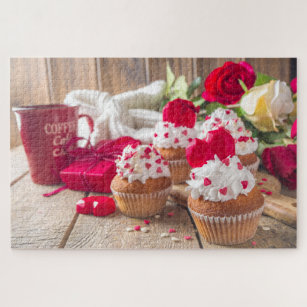Rotes Herz Cupcakes Rose Kaffee Valentinstag Puzzle
