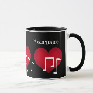 Rotes Herz des Schwarzweiss-Musiknotens Tasse