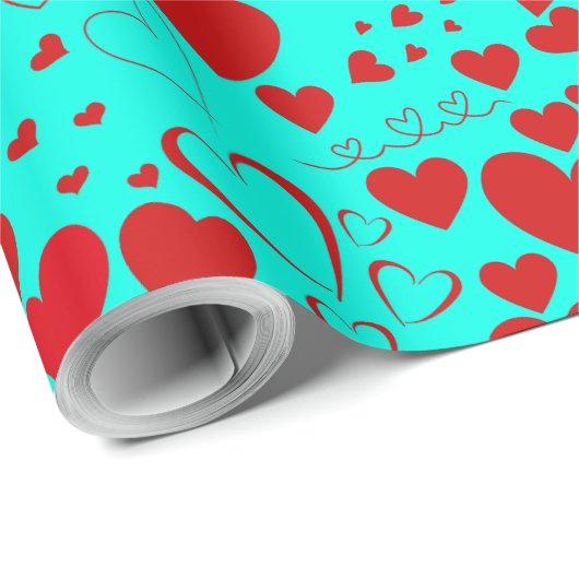 Rotes Herz Formen Muster Vivid Türkis Geschenkpapier (Rolleneckpunkt)