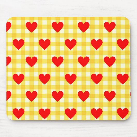 Rotes Herz Gelber Gingham Valentinstag Mousepad (Vorne)