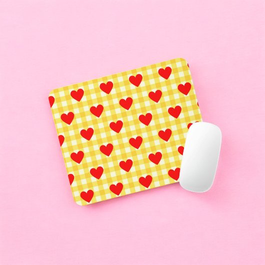 Rotes Herz Gelber Gingham Valentinstag Mousepad