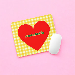 Rotes Herz Gelber Gingham Valentinstag Mousepad