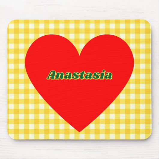 Rotes Herz Gelber Gingham Valentinstag Mousepad (Vorne)