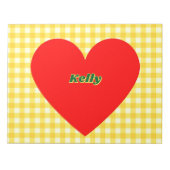 Rotes Herz Gelber Gingham Valentinstag Notizblock (Vorderseite)