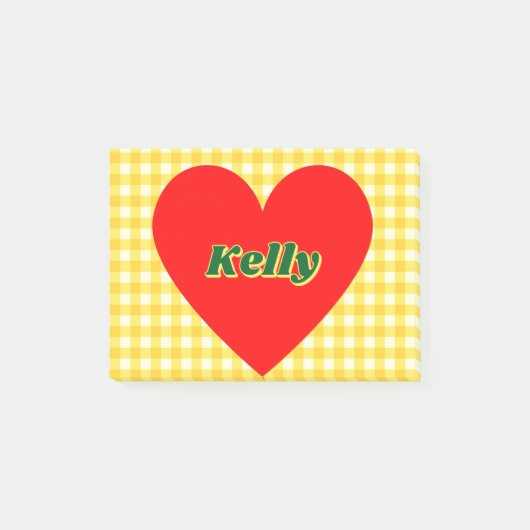Rotes Herz Gelber Gingham Valentinstag Post-it Klebezettel (Vorderseite)