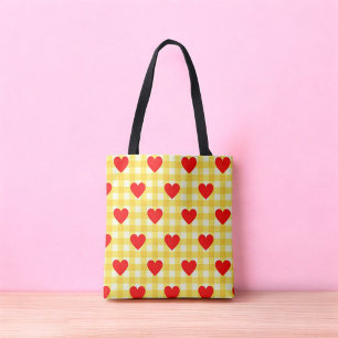 Rotes Herz Gelber Gingham Valentinstag Tasche