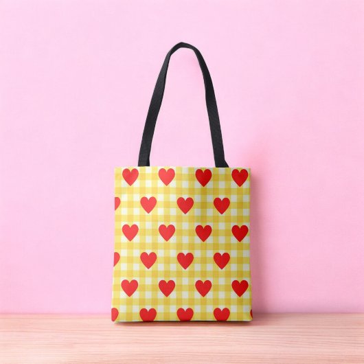 Rotes Herz Gelber Gingham Valentinstag Tasche