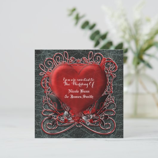 Rotes Herz Gothic Valentine Hochzeitseinladungen Einladung (Stehend Vorderseite)