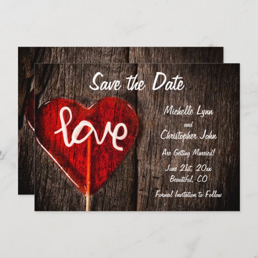 Rotes Herz Liebe Lollipop Rustikale Brauerei Hochz Save The Date (Vorne/Hinten)