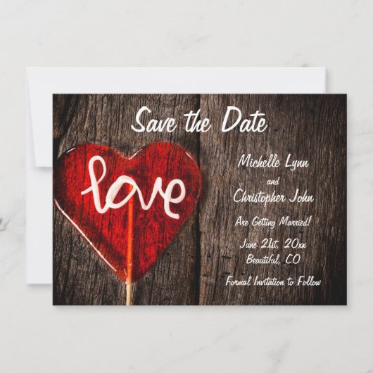 Rotes Herz Liebe Lollipop Rustikale Brauerei Hochz Save The Date (Vorderseite)
