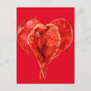 Rotes Herz. Liebende Papageien. Postkarte