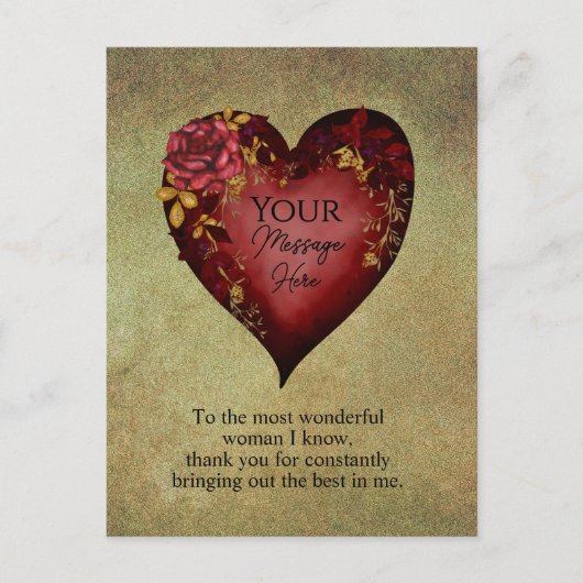 Rotes Herz mit bearbeitbaren Rose Postkarte (Vorderseite)
