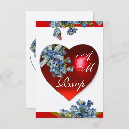 ROTES HERZ MIT BLAUEM VERGESSEN MICH NOCH MONOGRAM EINLADUNG (Vorne/Hinten)