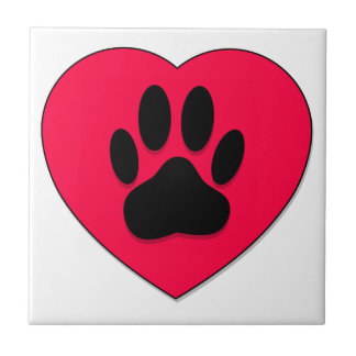 Rotes Herz mit Dog Paw Print Fliese