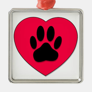 Rotes Herz mit Dog Paw Print Silbernes Ornament